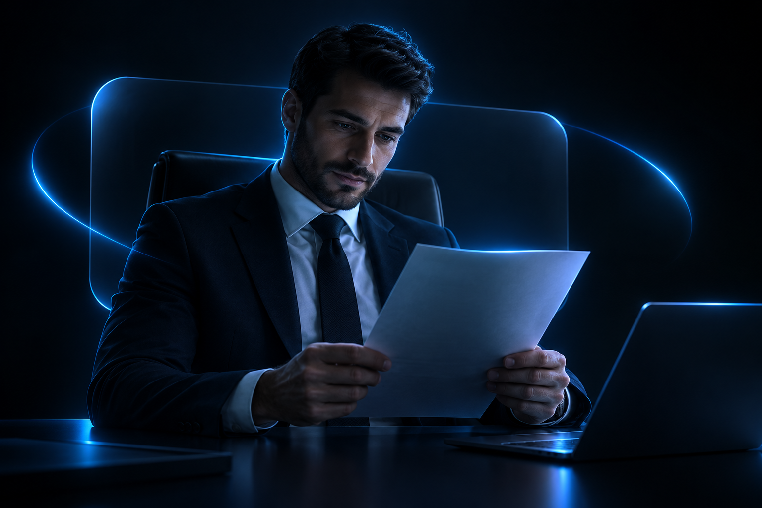 Manager elegante alla scrivania che valuta CV - Sono un'Azienda